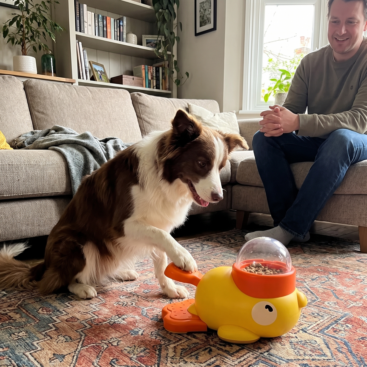 Dog presses the Quacki pedal while his owner relaxes on the sofa