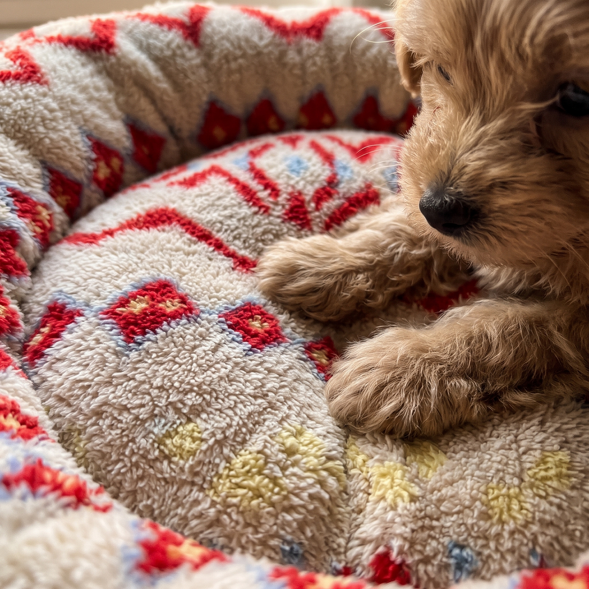 CozyRing – Puppy snuggling into the dense plush