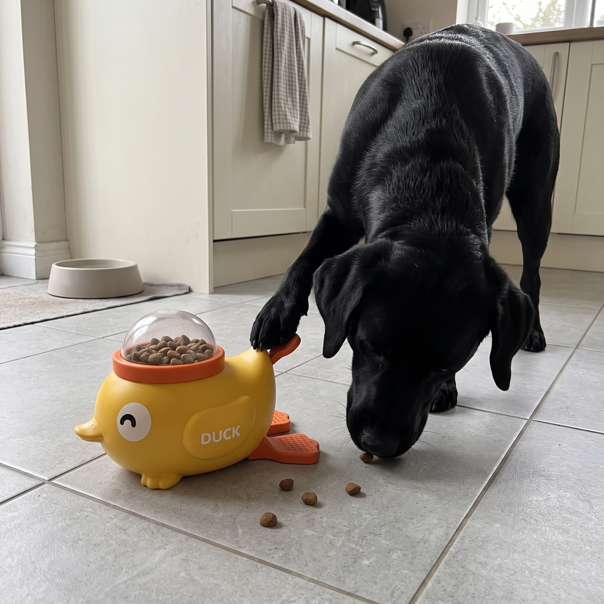Dog presses the Quacki pedal and eats single pieces of kibble