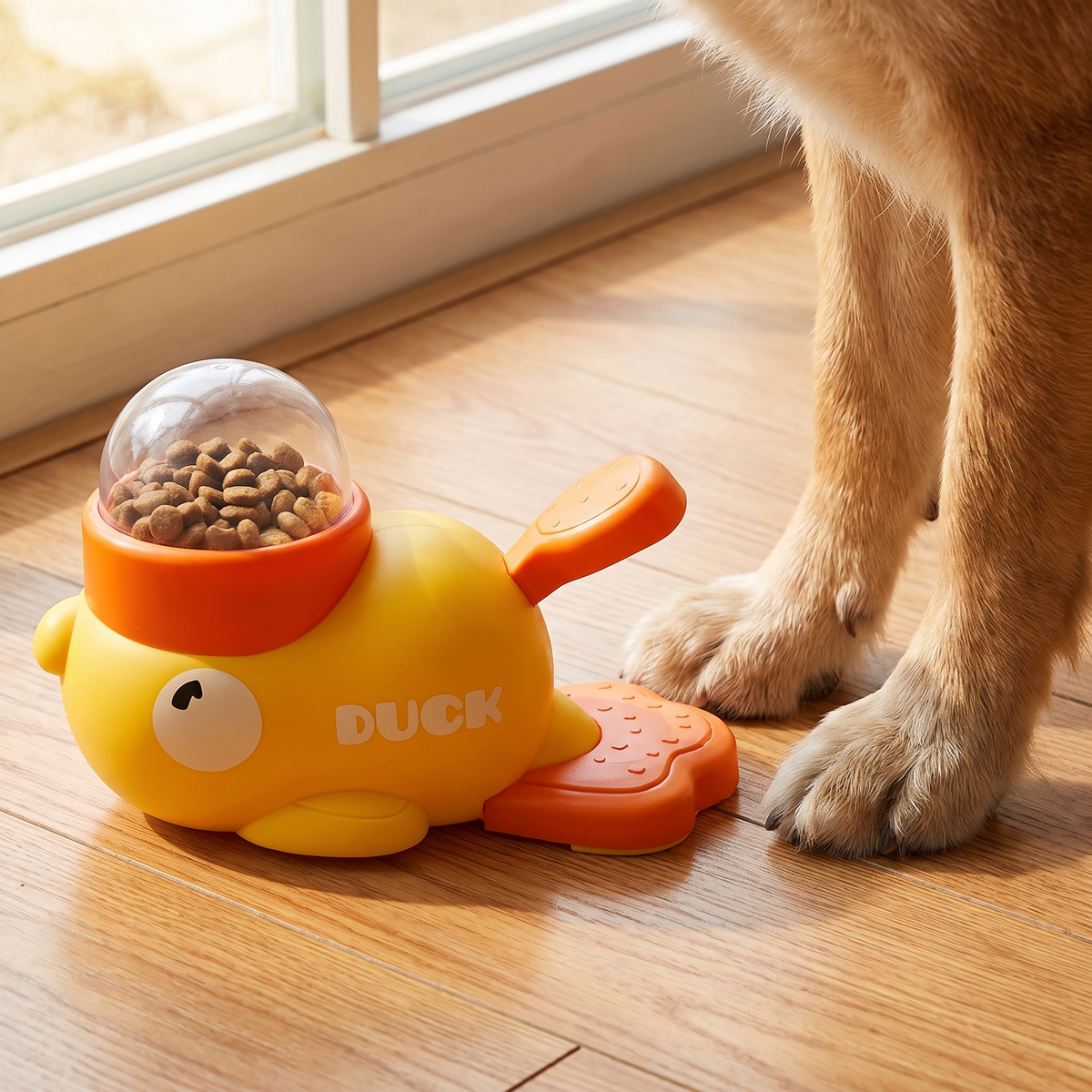 Dog standing next to the Quacki treat dispenser