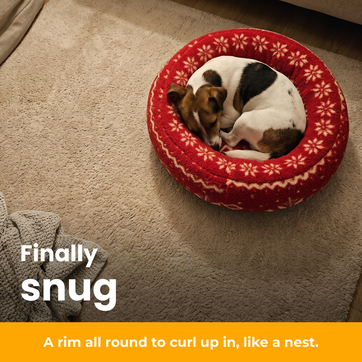 [en] CozyRing – Jack Russell curled up in the Snowflake Red bed
