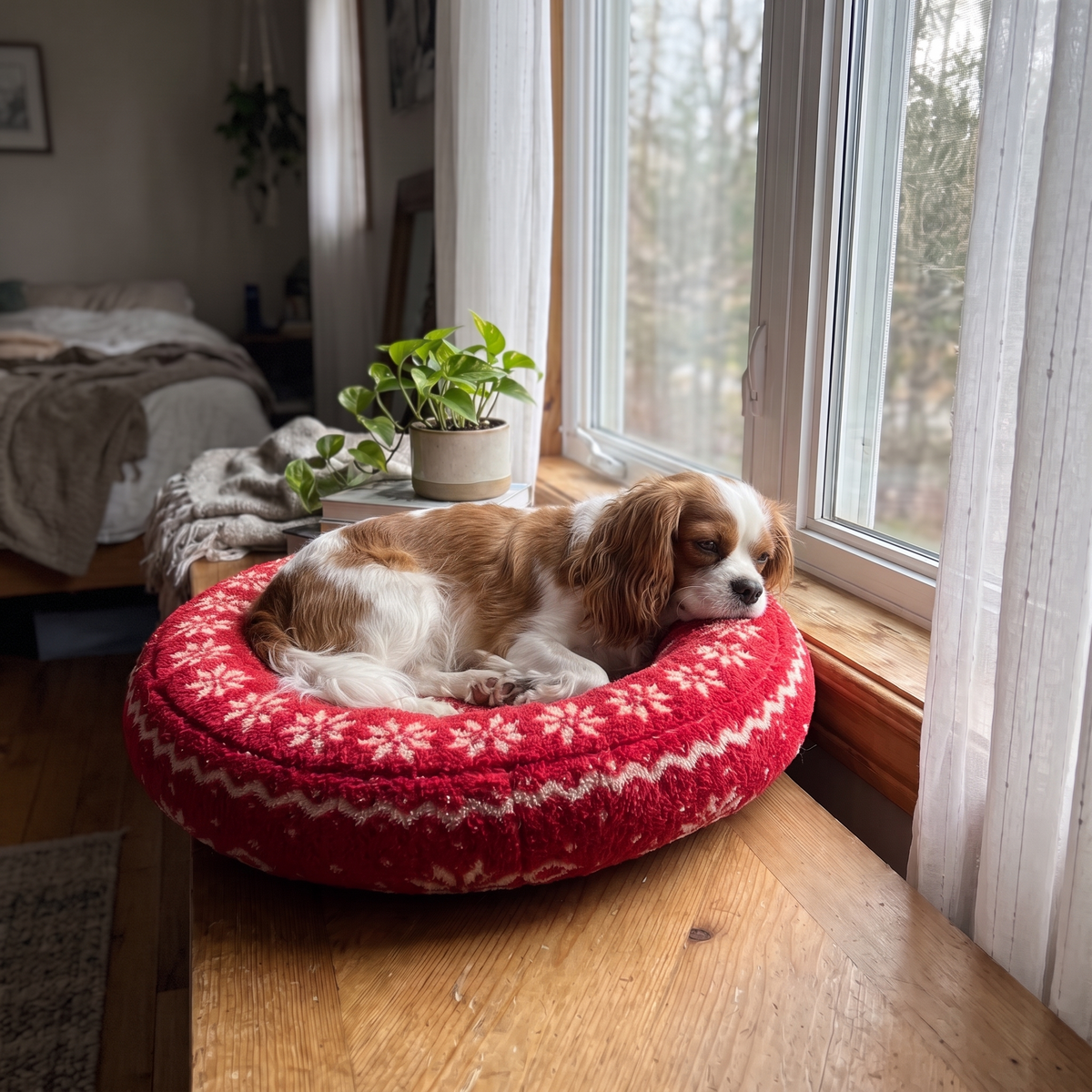 CozyRing – Dog lying relaxed in the red snowflake bed by the window
