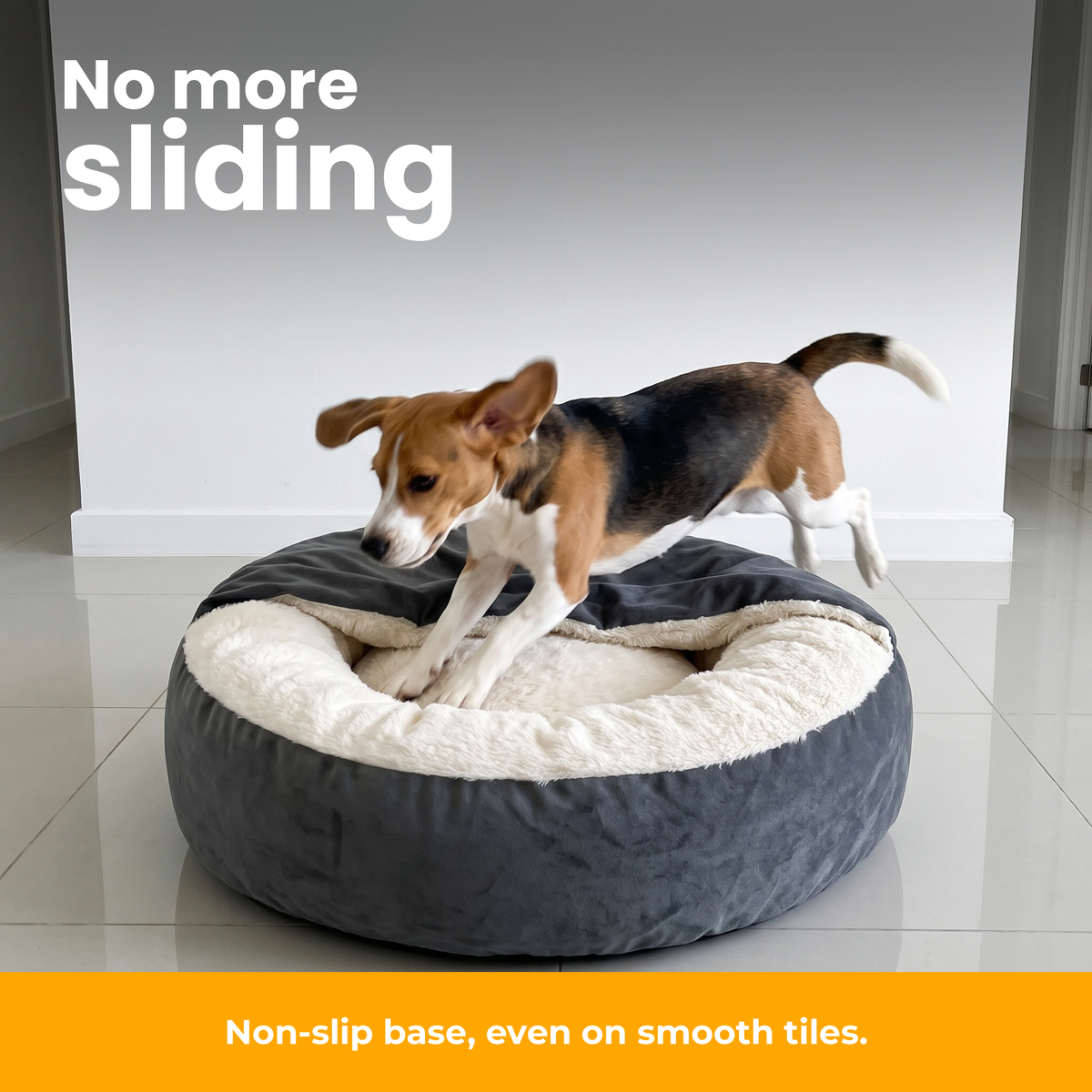 [en] CuddleCave – Beagle jumping into the bed, which stays put on tiles
