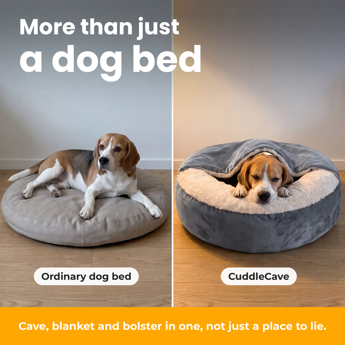 [en] CuddleCave – Comparison: ordinary dog bed vs CuddleCave with attached blanket