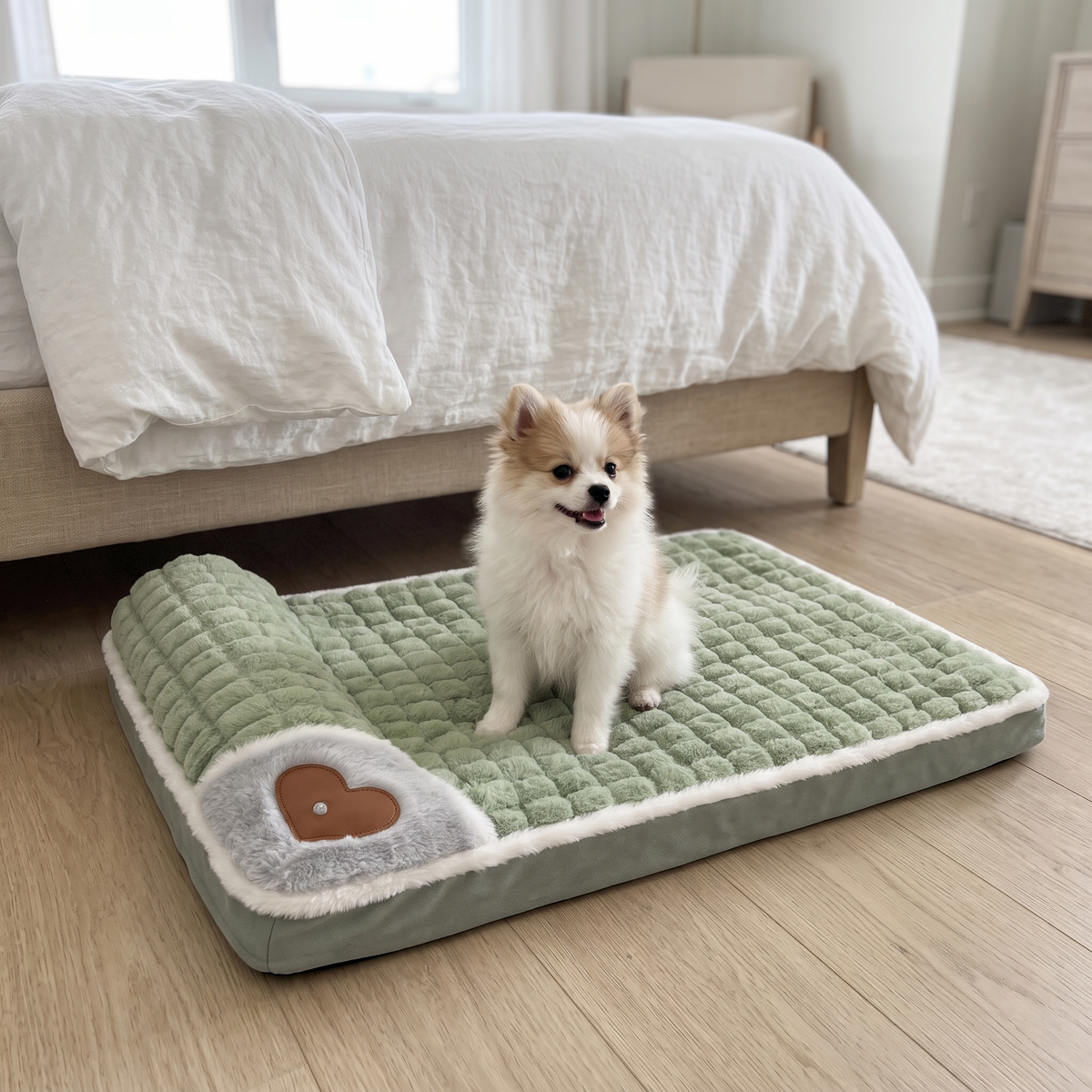Small dog sitting on the SnugPad dog mat in the bedroom